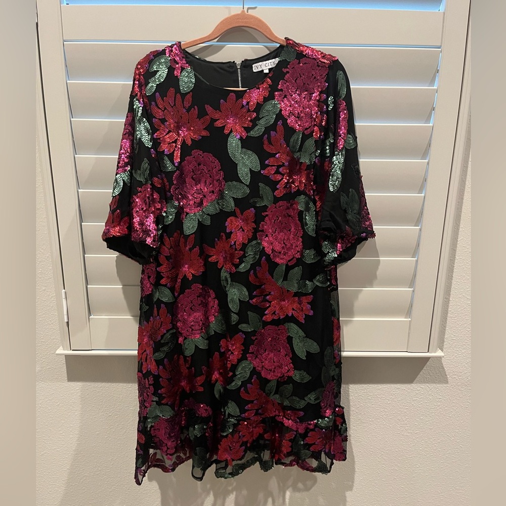 Ivy City Co Black Midi Dress with Pink Floral Sequin Embroidery